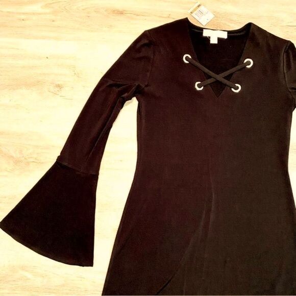 JET BLACK MICHAEL KORS FIT&FLARE DRESS-GROMMET CRISS CROSS STRAPS S NWT - Picture 5 of 16